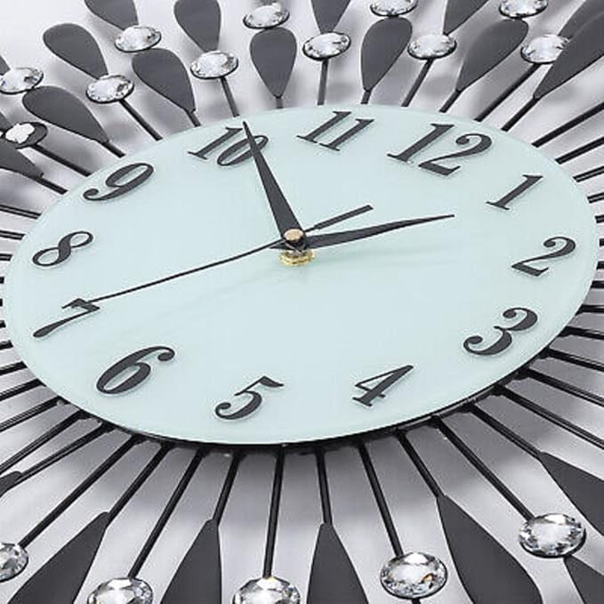 60cm Diamond Sunflower Wall Clock Black Silent Modern Large Metal Decor
