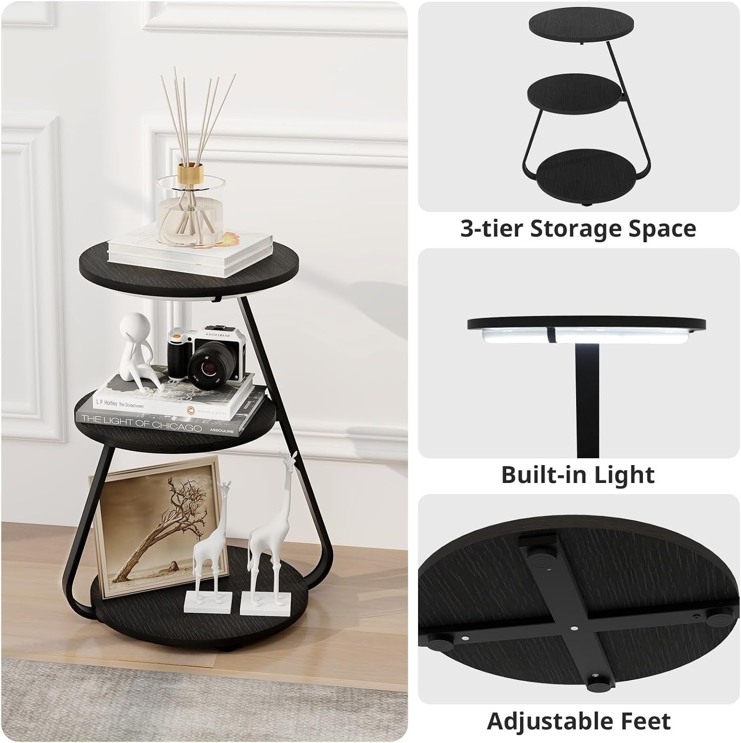 Set of 2 LED Bedside Tables – 3 Tier Round End Tables with Storage Black