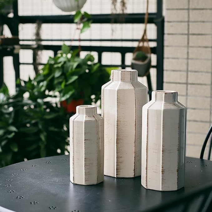 Ceramic Vase Set of 3 Rustic Farmhouse Ice Crack Glaze Table Shelf Decor
