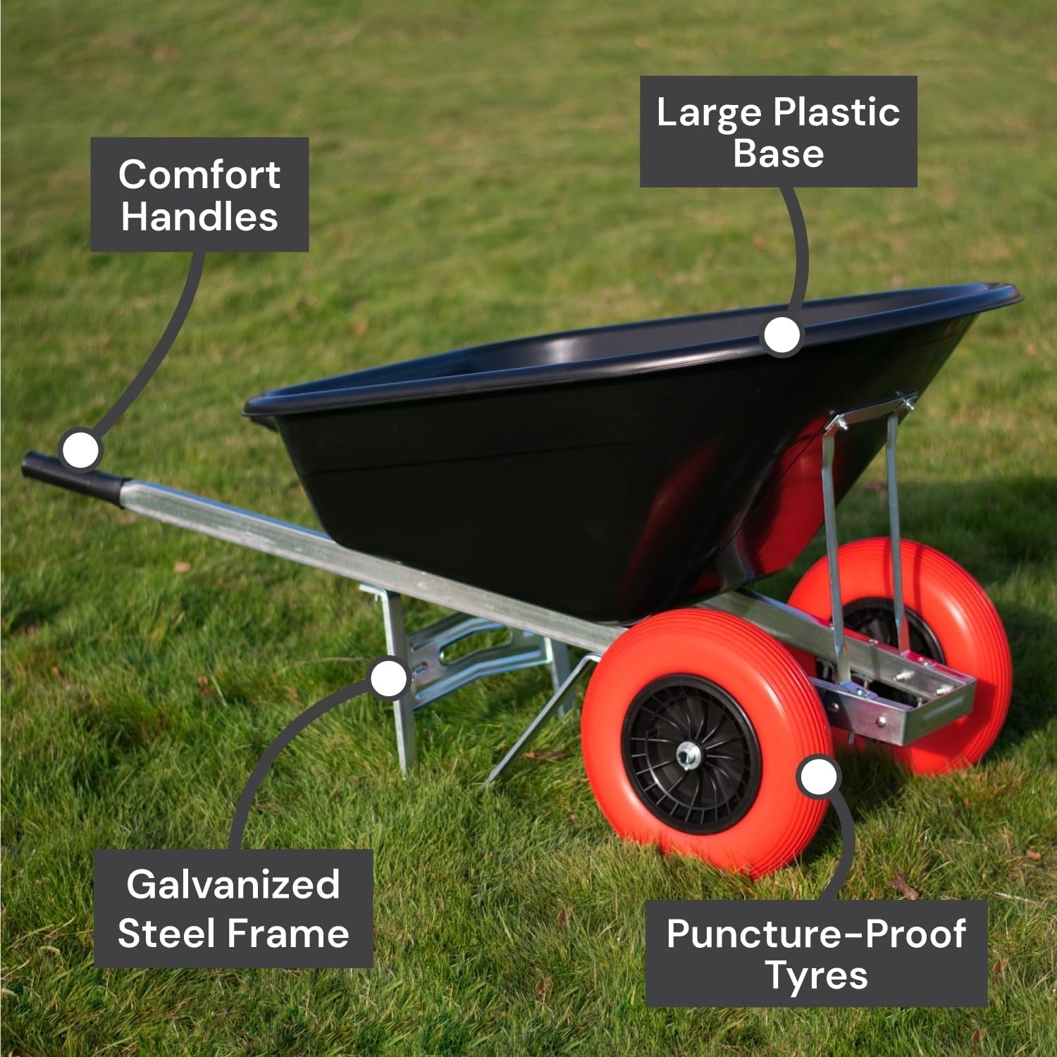 160L 2-Wheel Garden Wheelbarrow – Black/Red – Flat-Free Tyres Heavy Duty 130kg