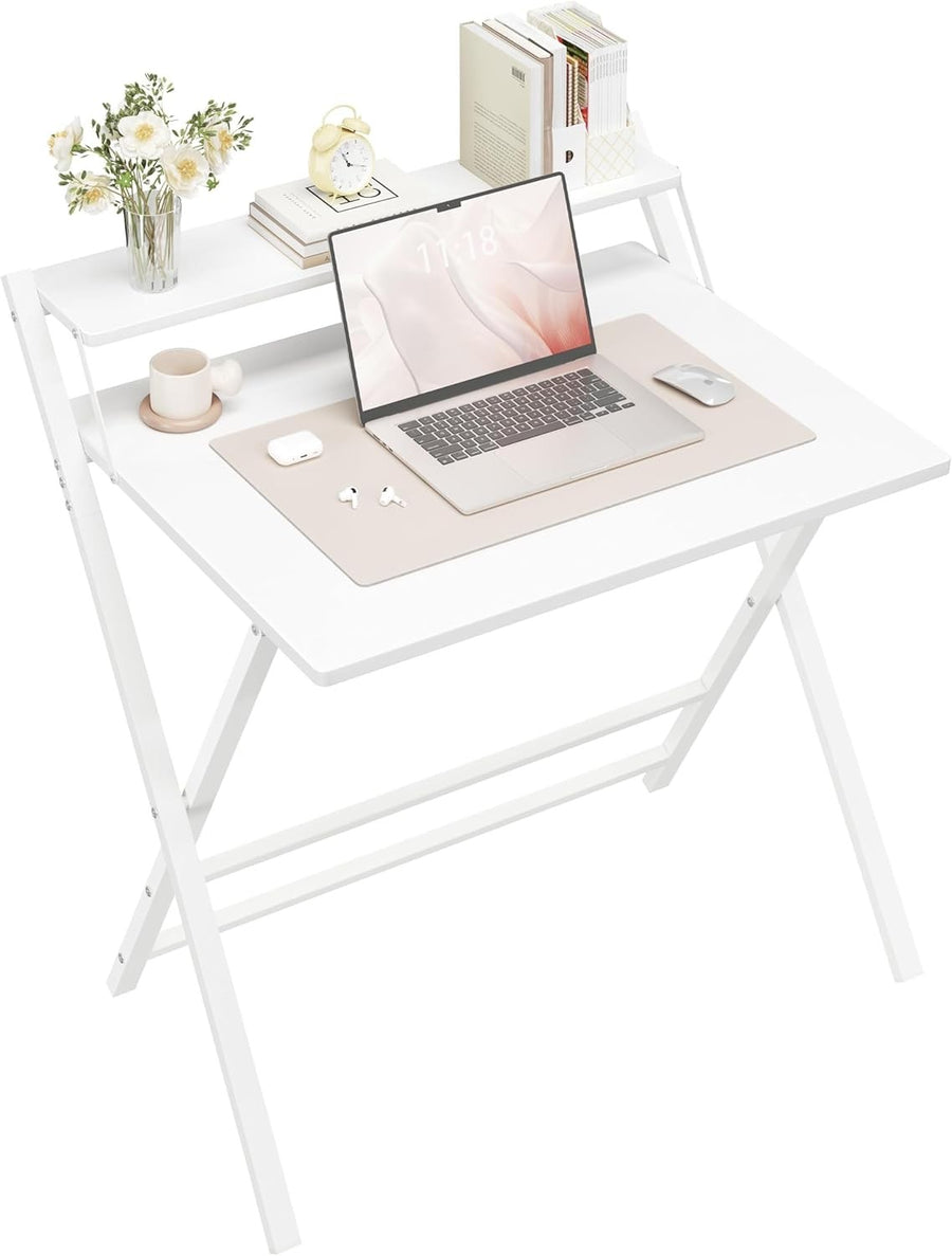 Foldable Computer Desk Small Space with Monitor Stand 80cm White