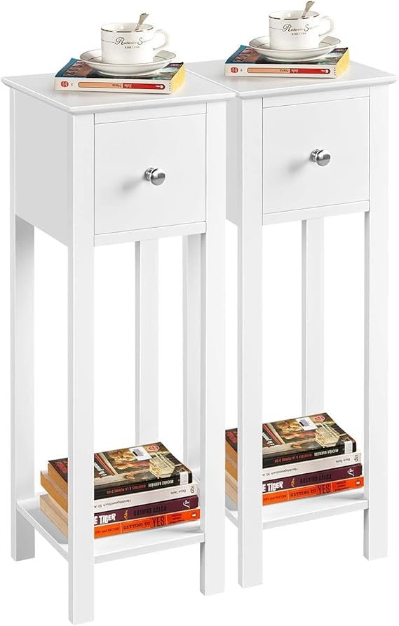 White Slim Bedside Tables Set of 2, Narrow Nightstands with Drawer & Shelf 25x25