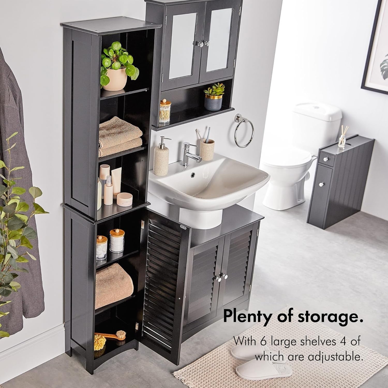 Slim Tall Bathroom Storage Cabinet with Door & 6 Shelves – Black Unit
