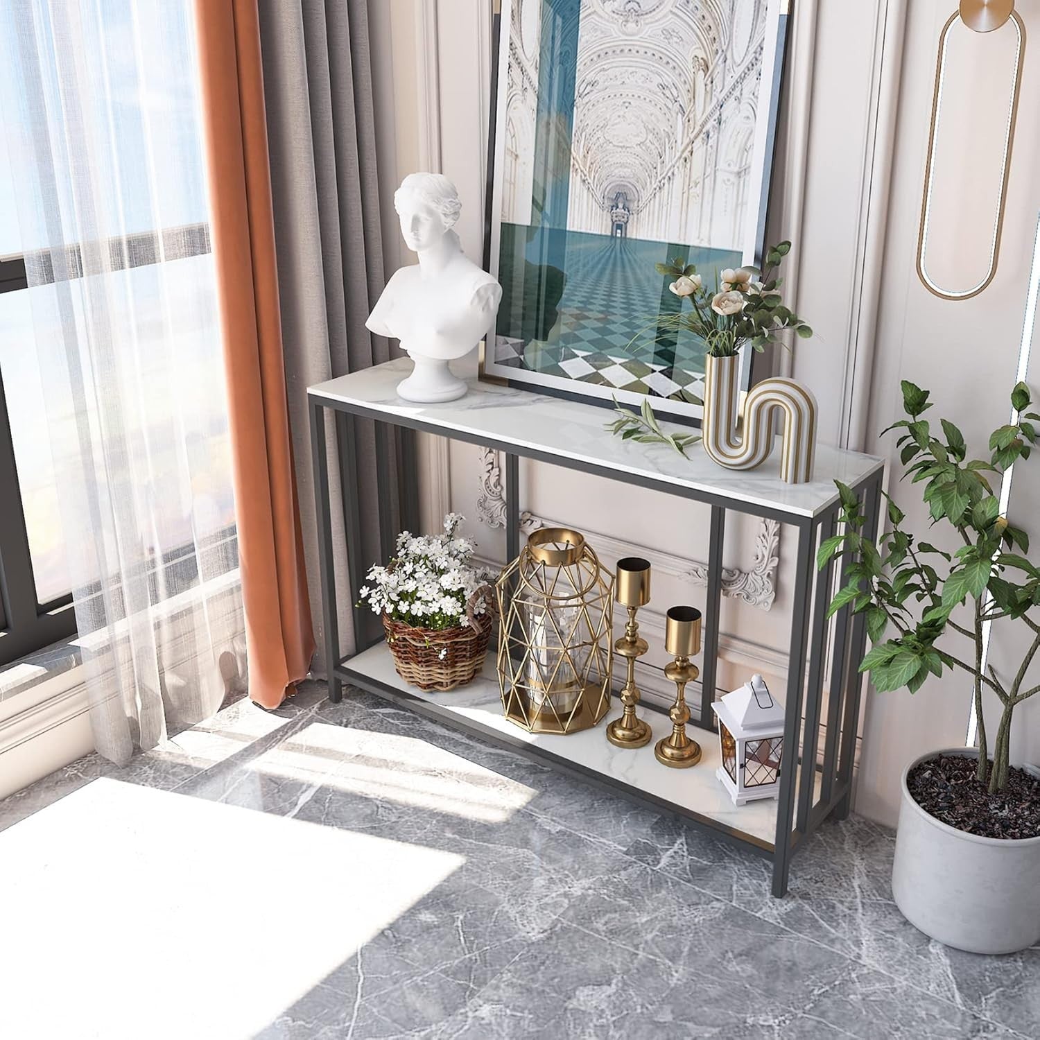 Luxury 2 Tier Console Table Marble Top Slim Modern Black Frame 120cm Hallway