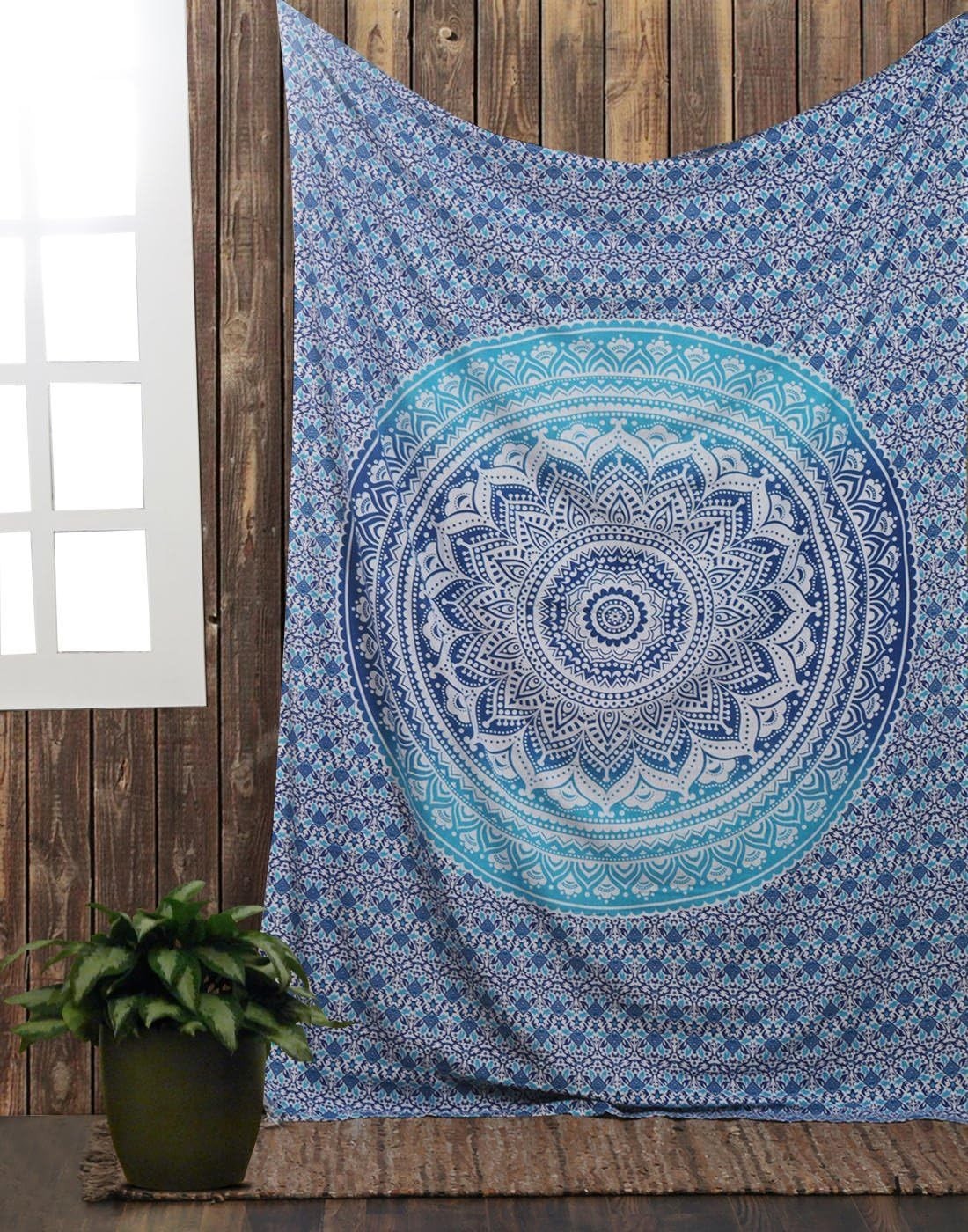 Blue Ombre Cotton Tapestry 127x152cm Boho Wall Hanging Decor
