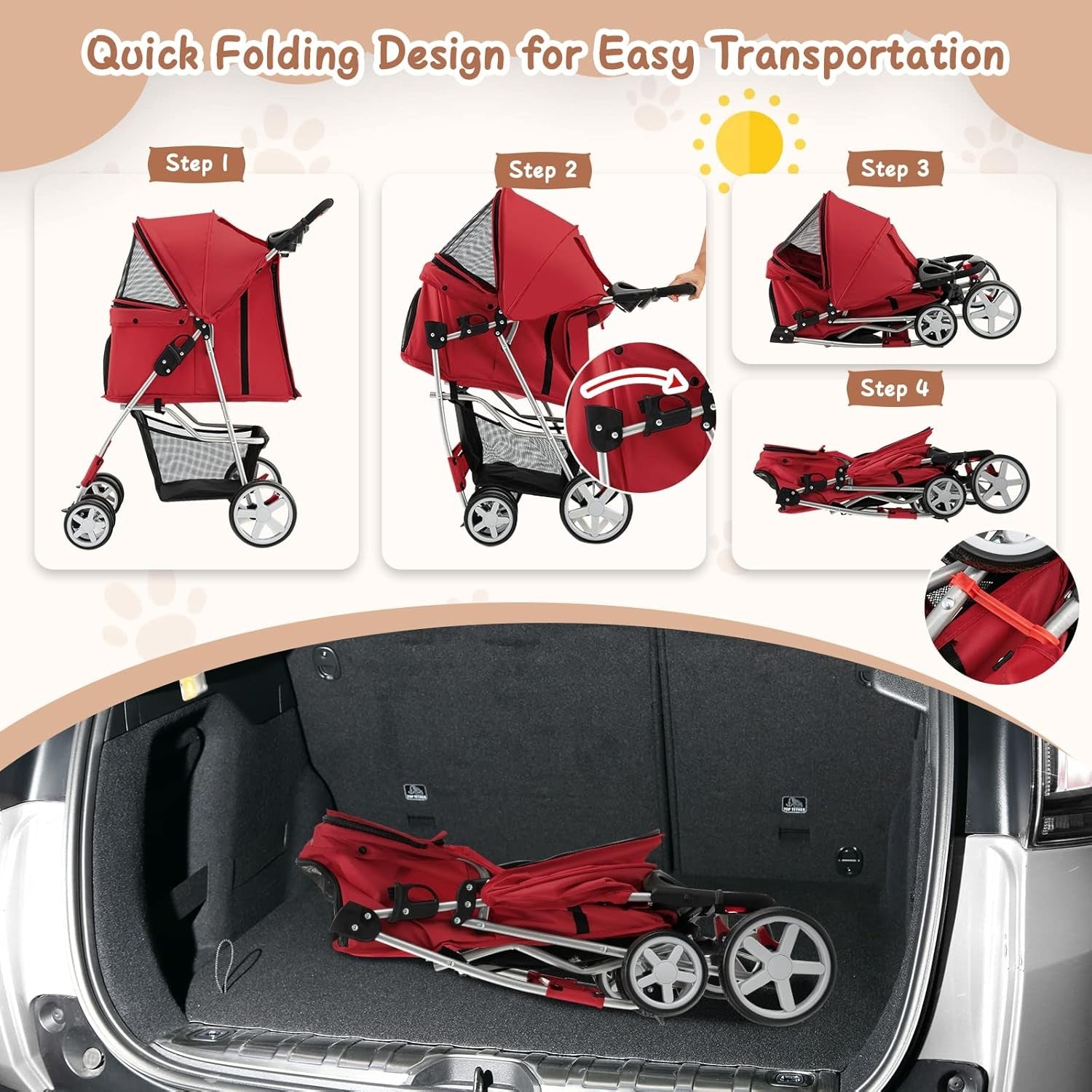 Red Foldable Pet Stroller Pushchair with 4 Wheels for Small Dogs & Cats