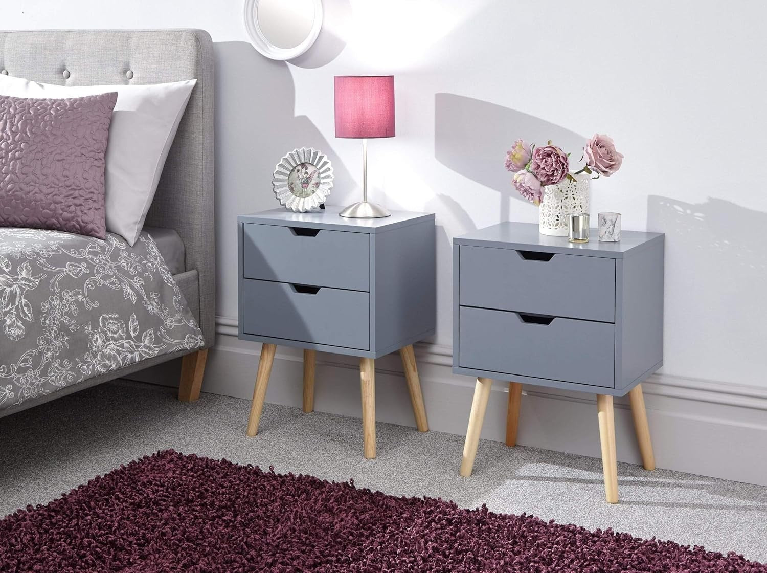 Set of 2 Modern Dark Grey Bedside Tables with 2 Drawers & Wooden Legs