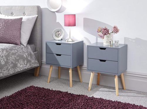 Set of 2 Modern Dark Grey Bedside Tables with 2 Drawers & Wooden Legs