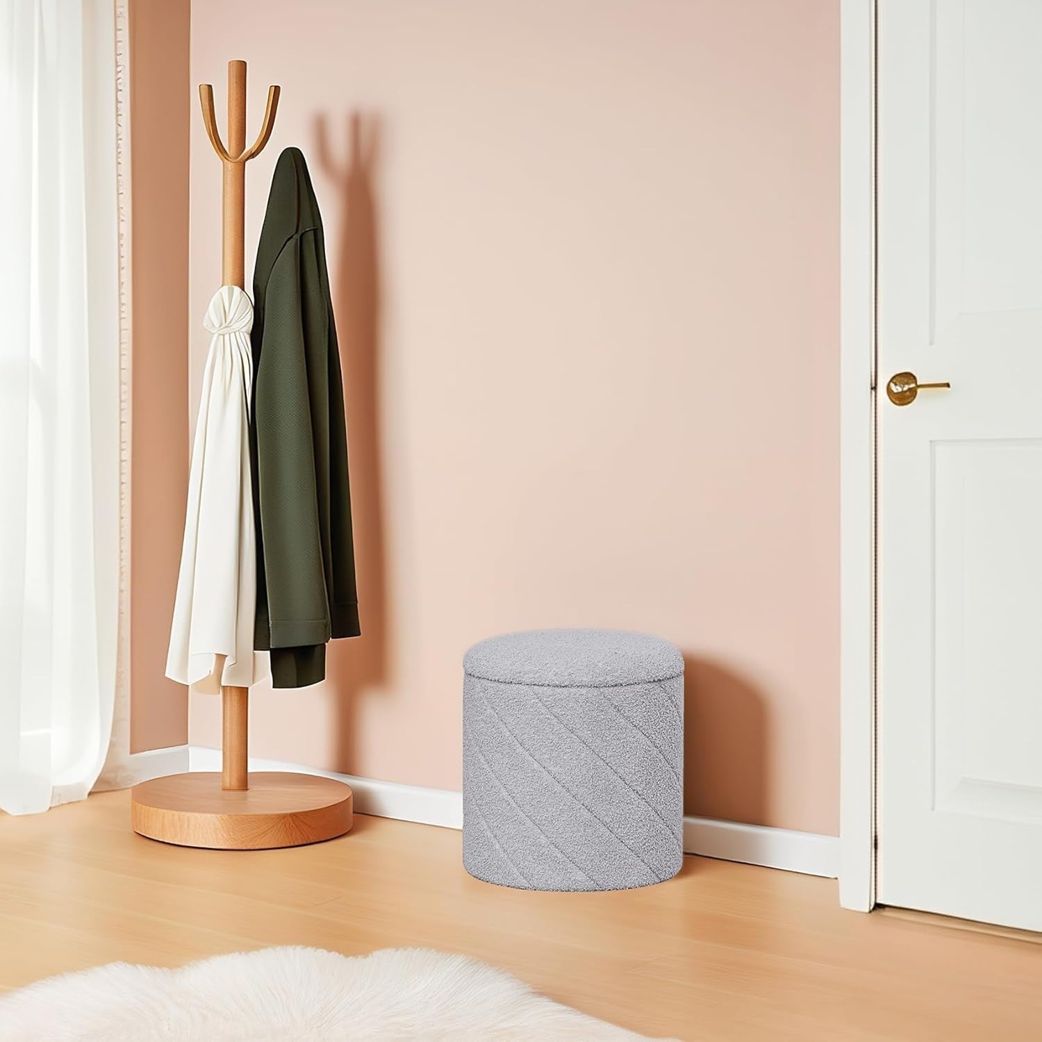 Grey Boucle Round Storage Ottoman Stool Folding Footrest Vanity Seat