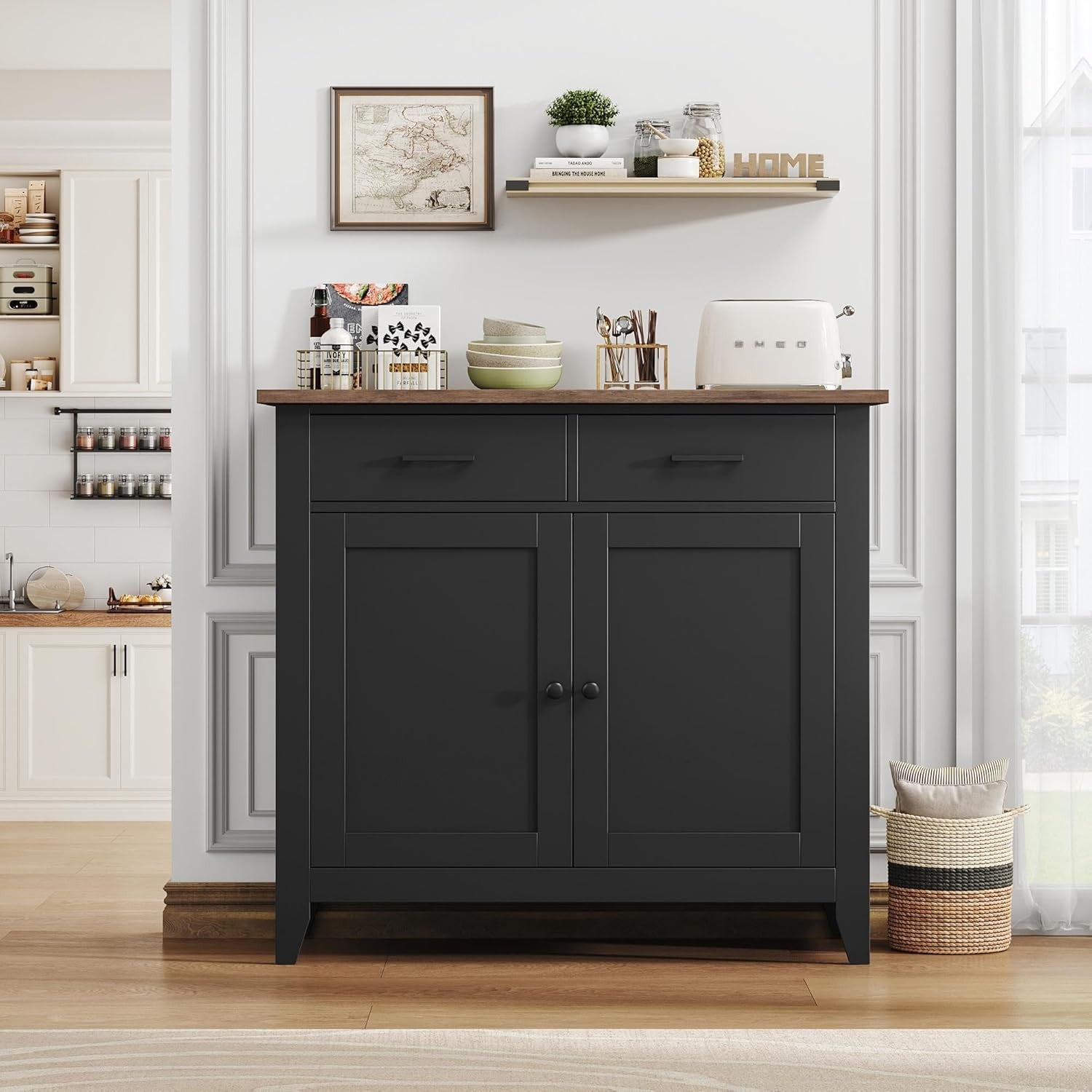 Black Sideboard Cabinet 2 Door 2 Drawer Freestanding Storage 91cm