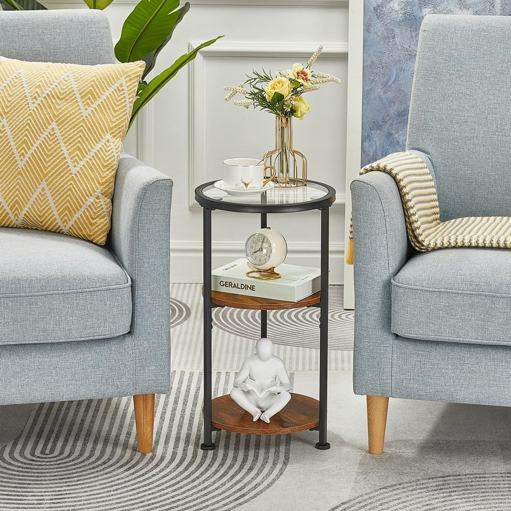 Modern Rustic Brown Round Side Table with Tempered Glass & 3-Tier Storage