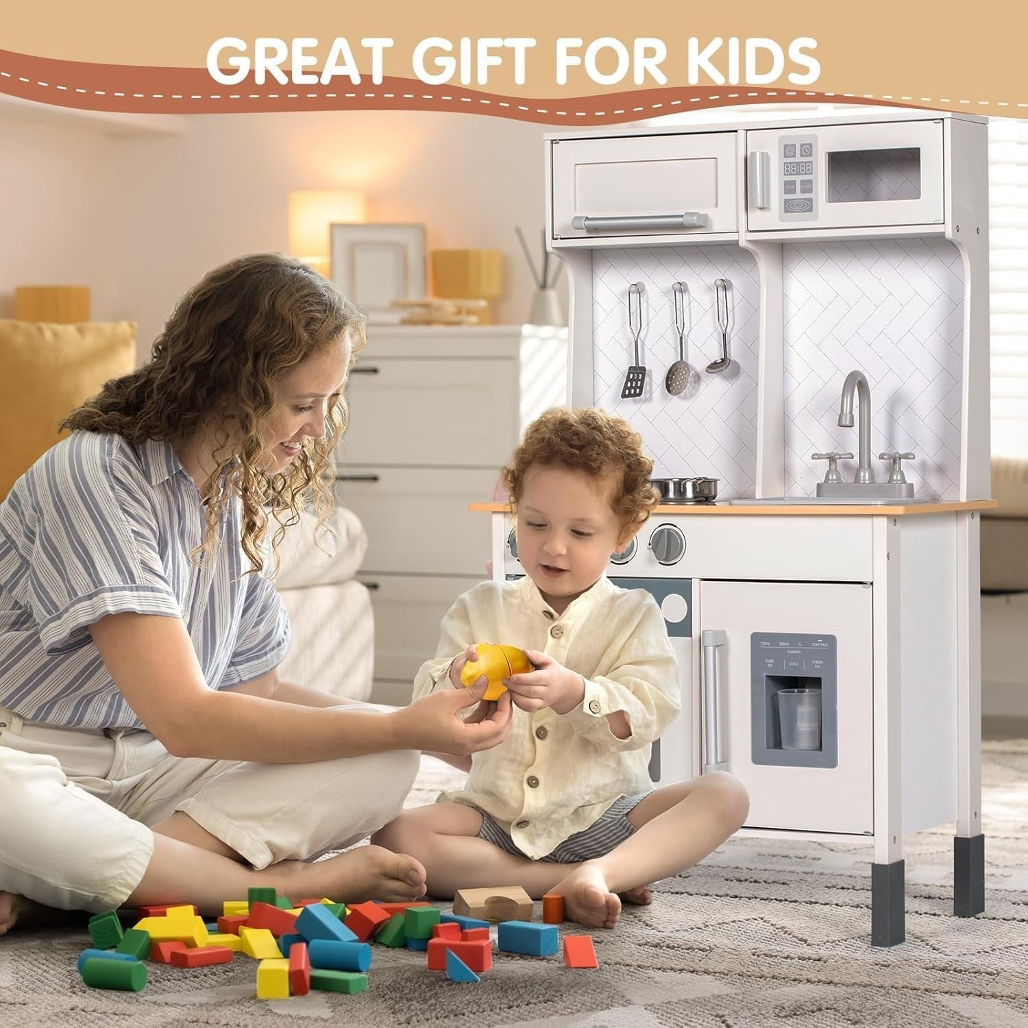 Wooden Kids Play Kitchen Set Sink Stove Oven Accessories White Toy