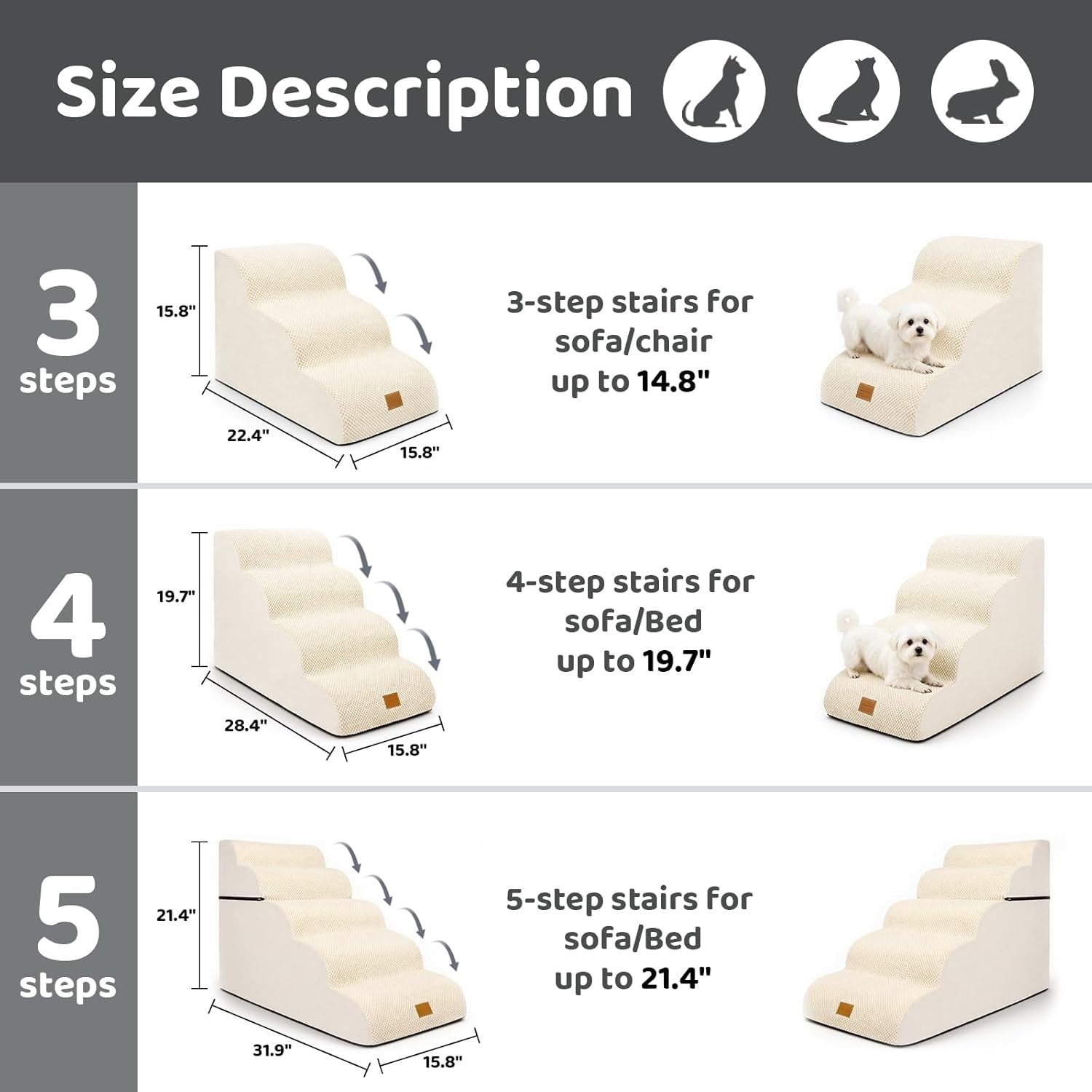 Dog Steps for Bed 3-Step Non-Slip Pet Stairs Ladder Foam Ramp with Plush Cover