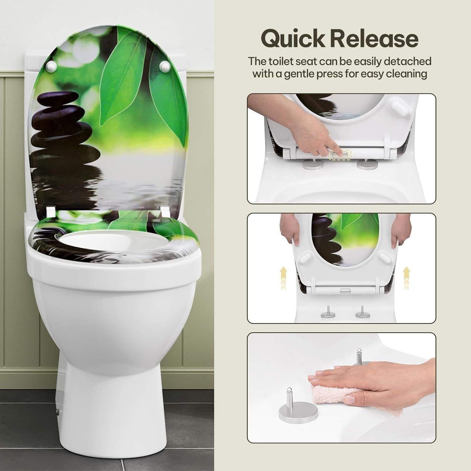 Soft Close O-Shaped Toilet Seat Quick Release Duroplast Green Leaves Print