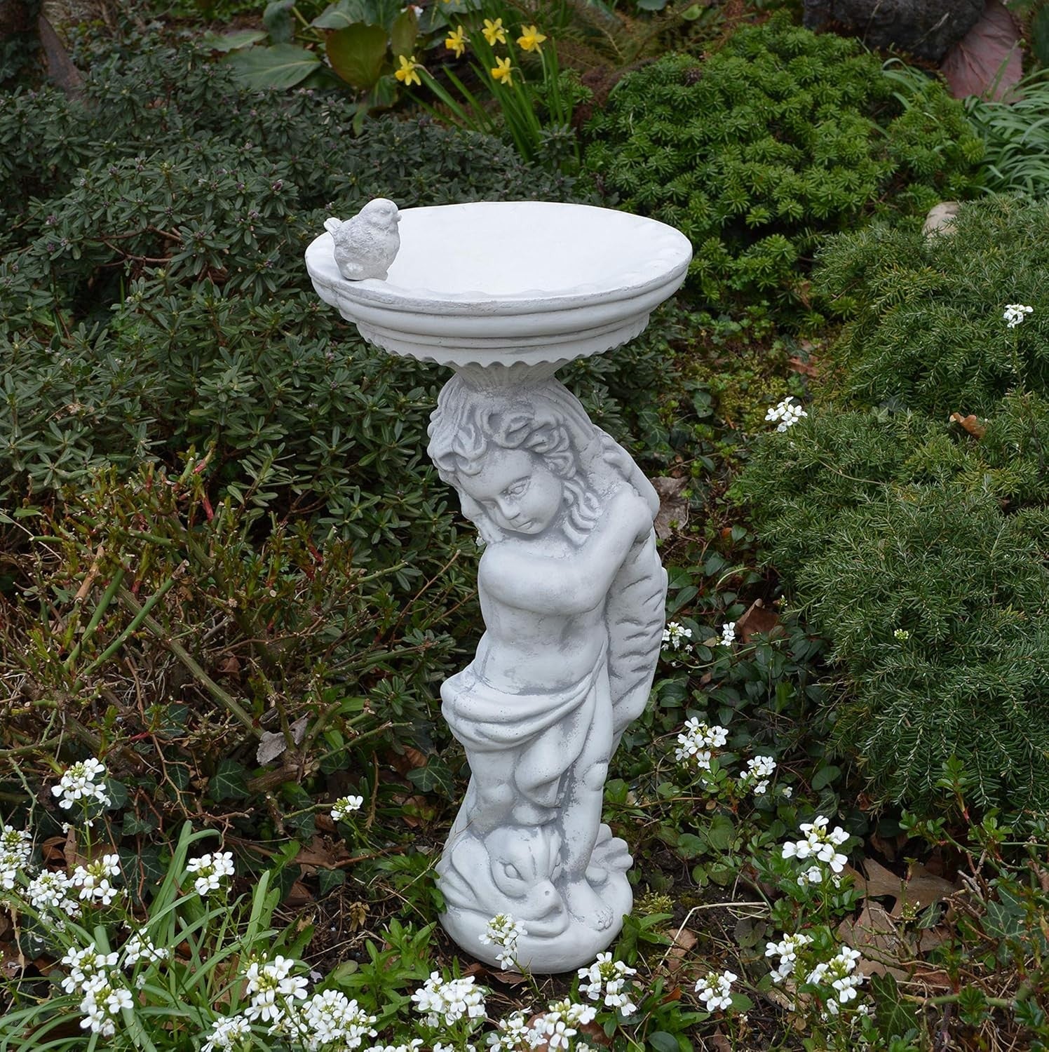 Boy with Large Stone Bird Bath Garden Ornament 54cm Frost-Proof Statue