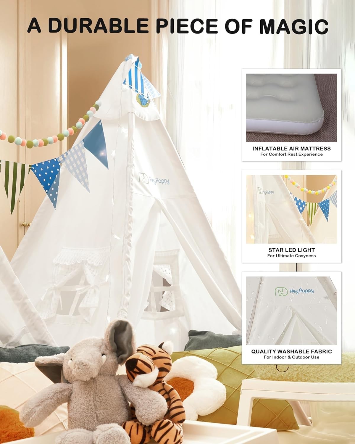 Kids Teepee Tent with Inflatable Airbed, Lights & Balloons – Indoor/Outdoor