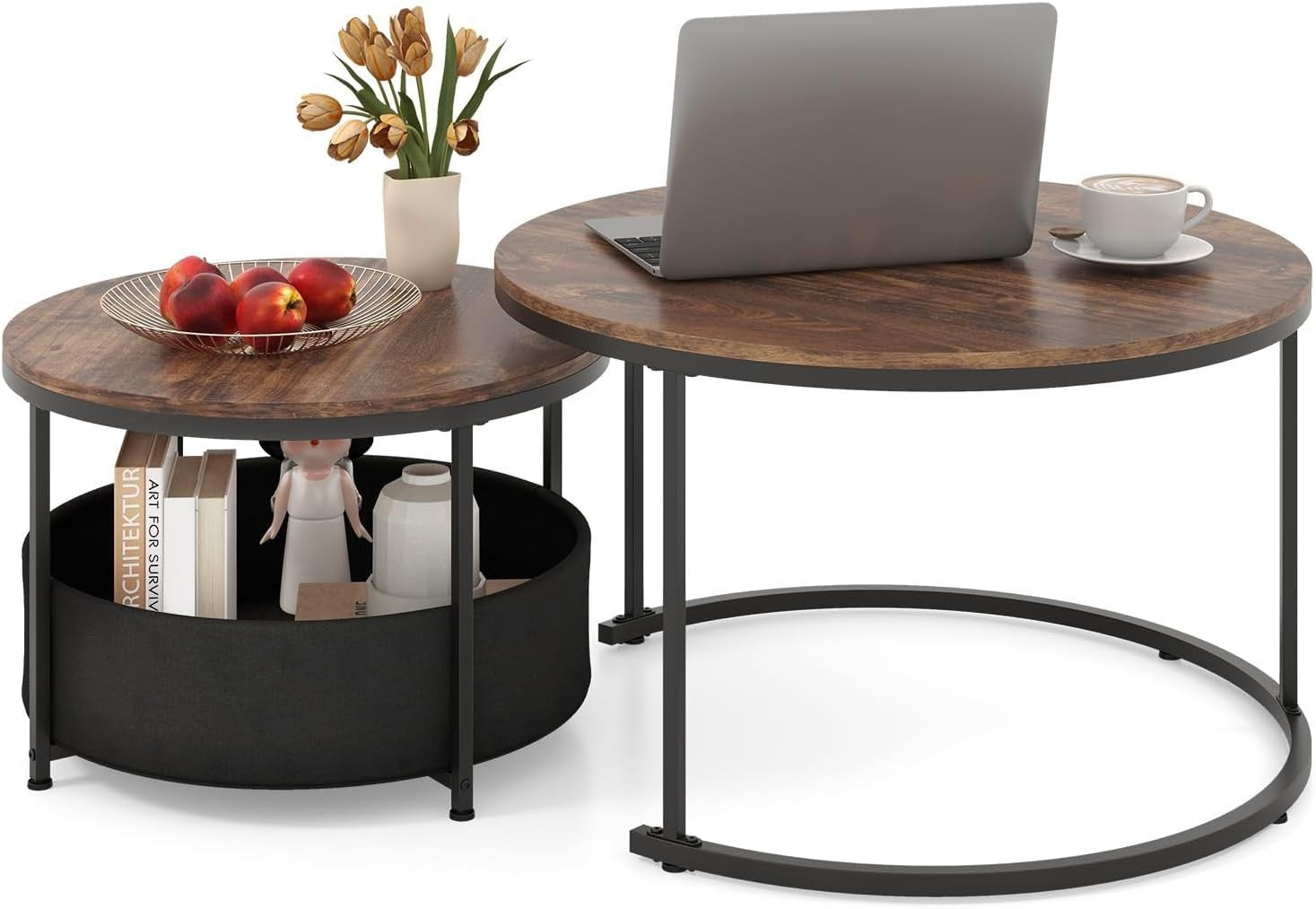 Nesting Coffee Table Set of 2 Round Side End Tables Rustic Industrial Metal