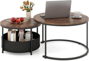 Nesting Coffee Table Set of 2 Round Side End Tables Rustic Industrial Metal