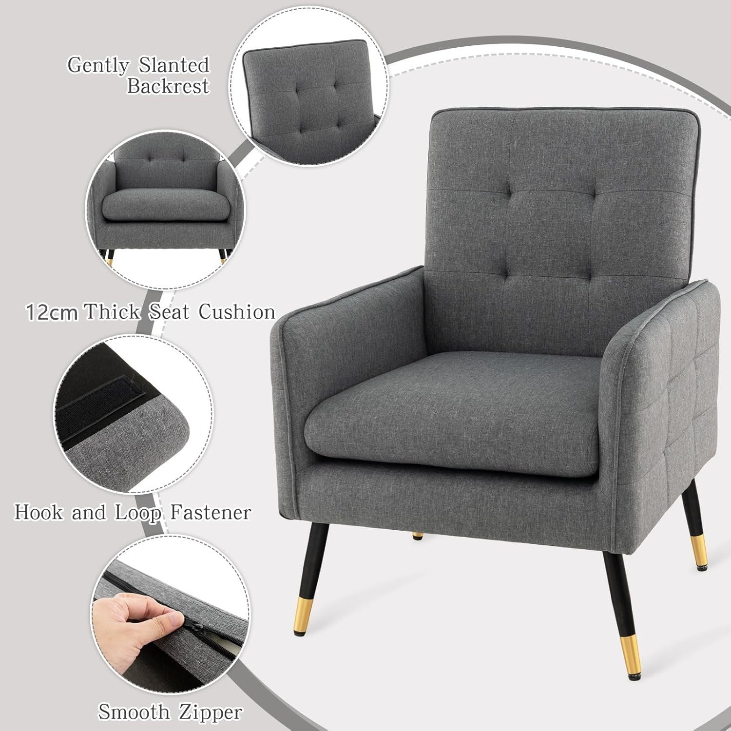 Comfy Grey Linen Accent Chair, Modern Tufted Sofa Chair with Metal Legs
