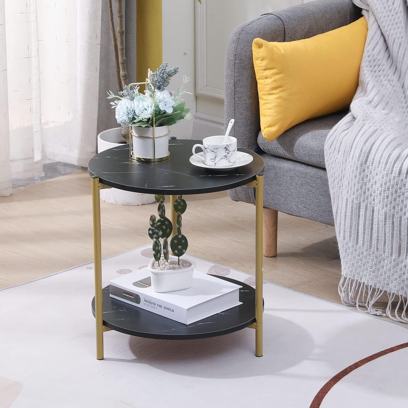 Round Black Marble Side Table with 2-Tier Shelf – Modern Gold Frame End Table