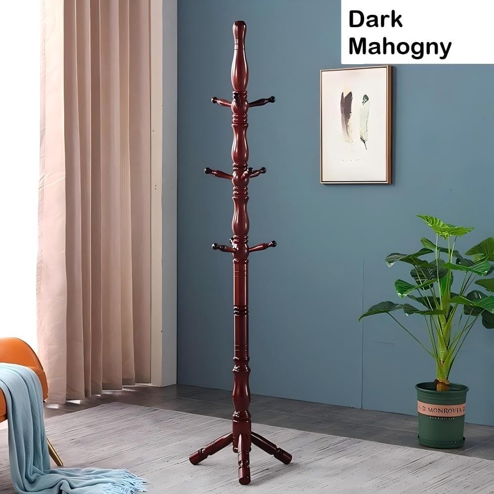 Solid Wood Coat Rack Stand 9 Hooks 185cm Hall Tree Freestanding Dark Mahogany