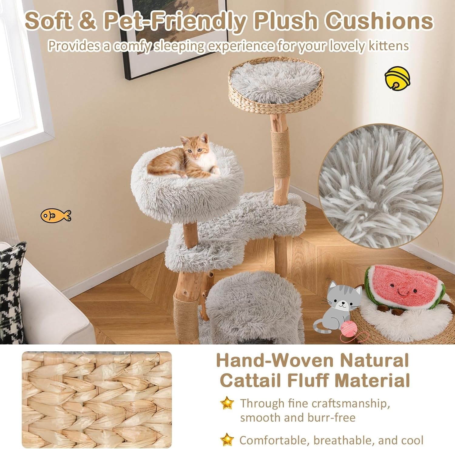 124cm Wooden Cat Tree Multi Level Tower with Jute Scratching & Plush Perch