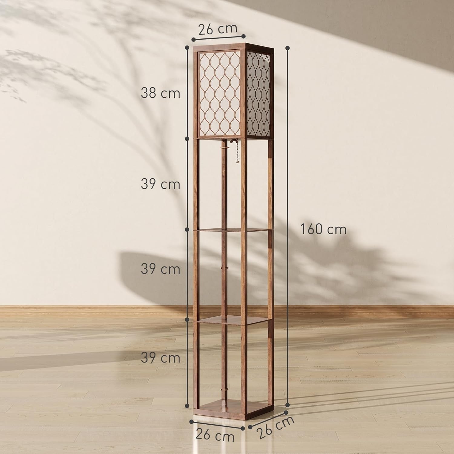 Floor Lamp with Shelves Tall Standing Light Fabric Shade Rustic Storage Unit