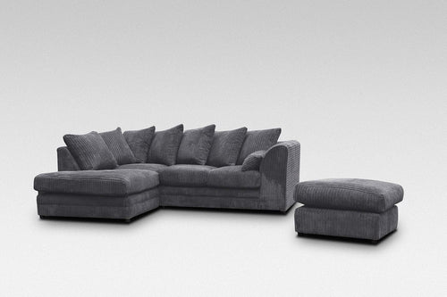 Grey Jumbo Cord 4-Seater L Shape Corner Sofa with Footstool - Left Hand