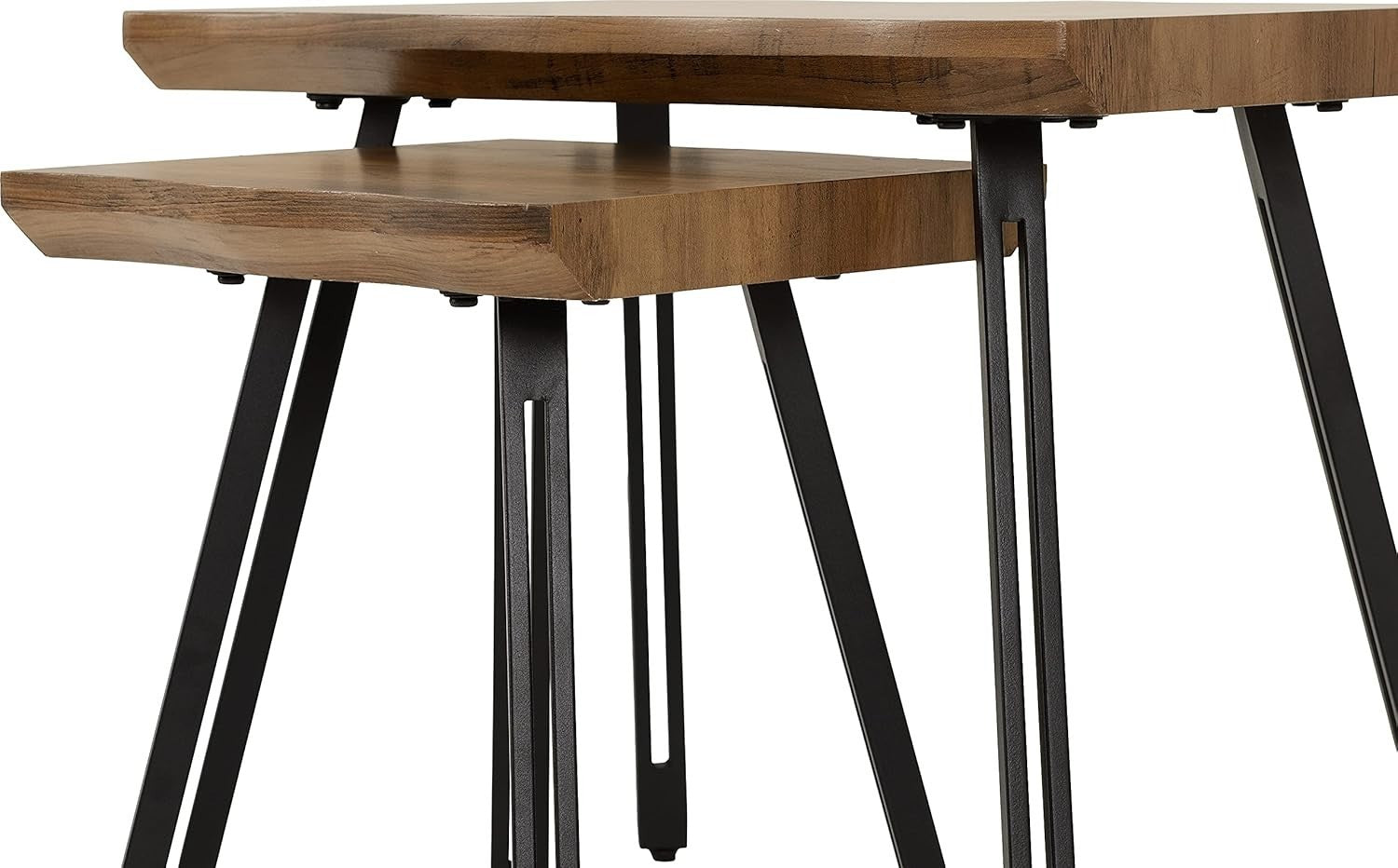 Nest of 2 Industrial End Tables Medium Oak Effect Black Metal Legs Home Office