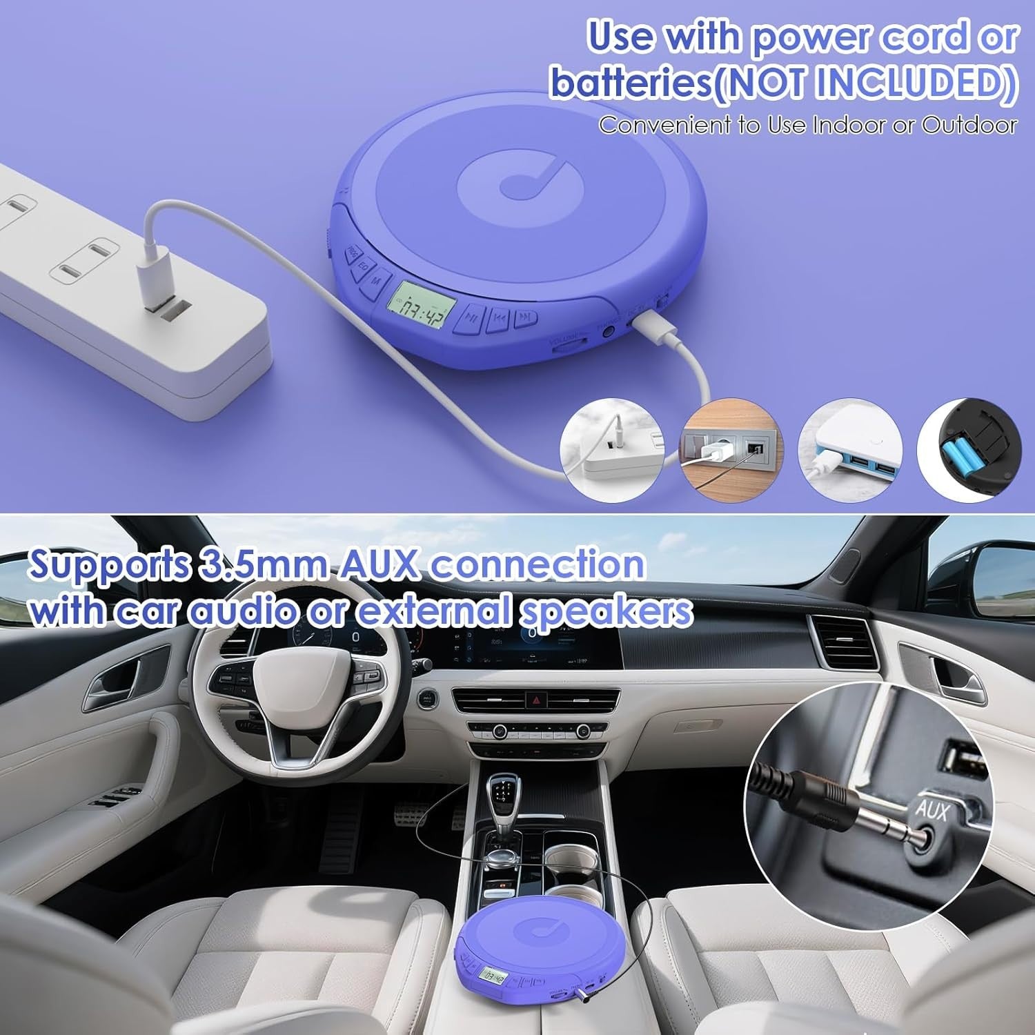 Personal CD Player Portable Anti-Skip LCD Display AUX Car Earphones Blue