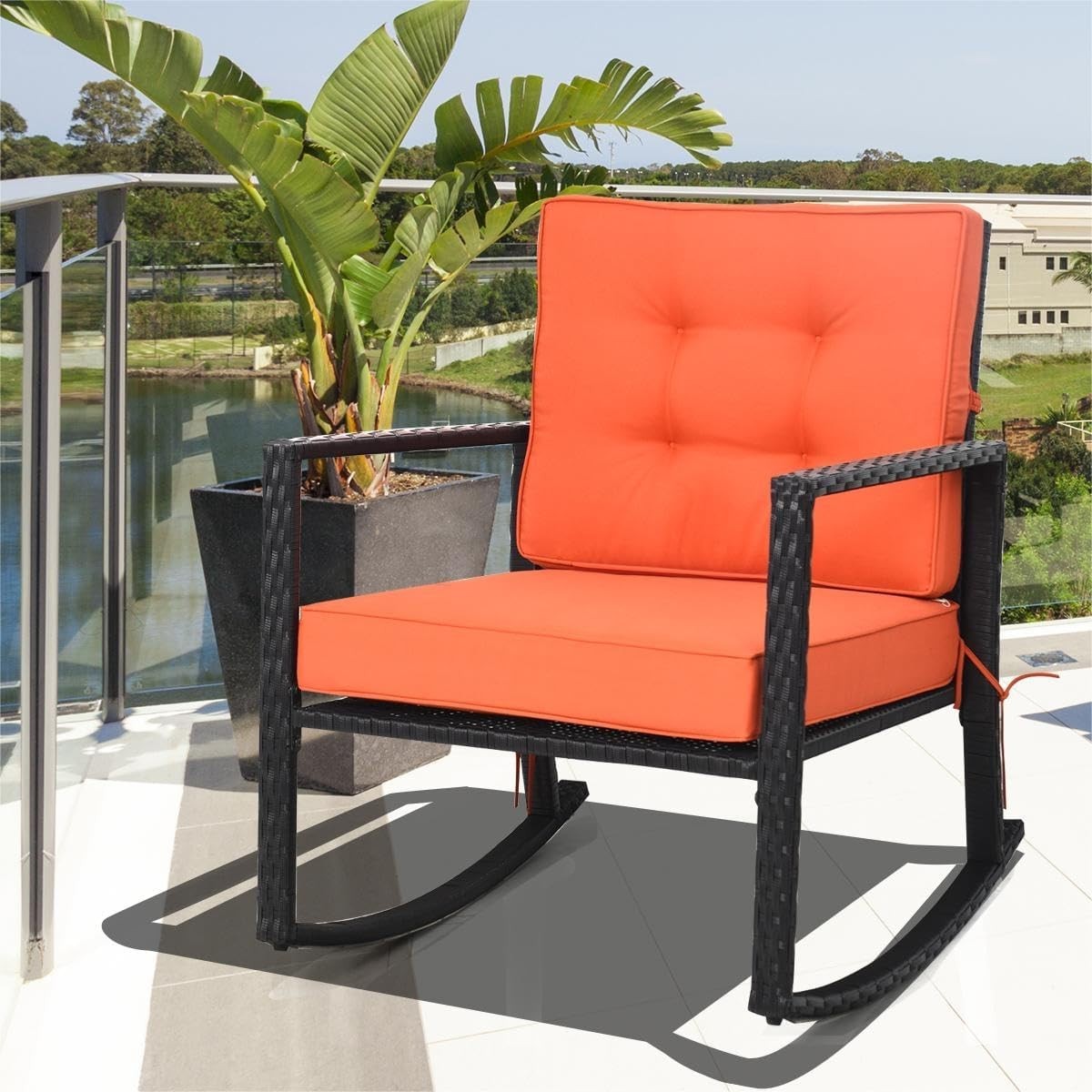 Outdoor Wicker Rocking Chair with Cushions & Armrest for Patio Comfort