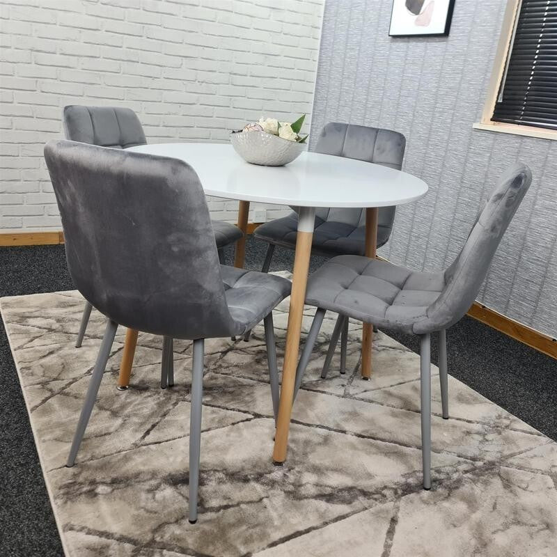 Round White Dining Table Set with 4 Grey Velvet Chairs – 4 Seater Kitchen