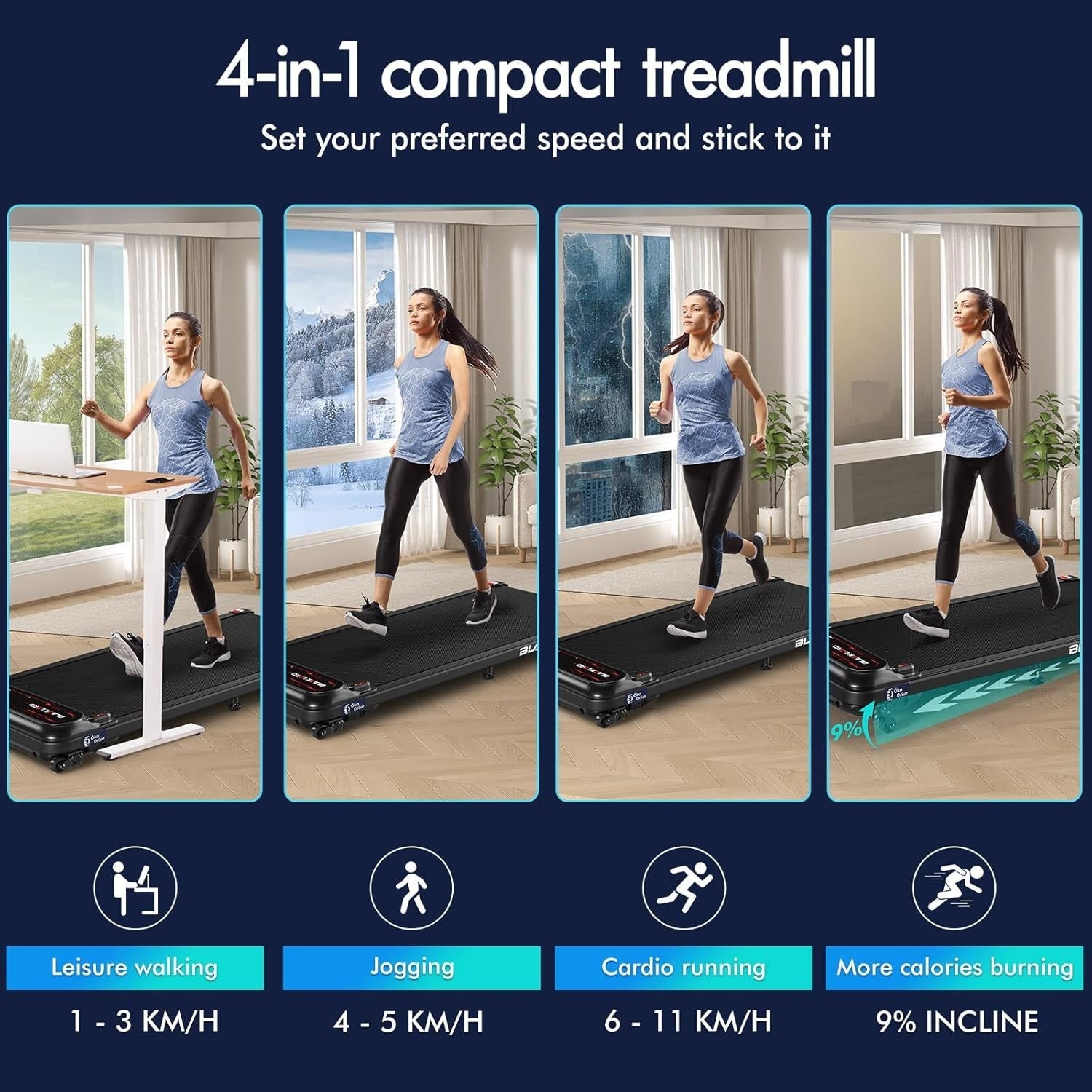 Under Desk Walking Pad Treadmill 9% Incline 11KM/H Home Office