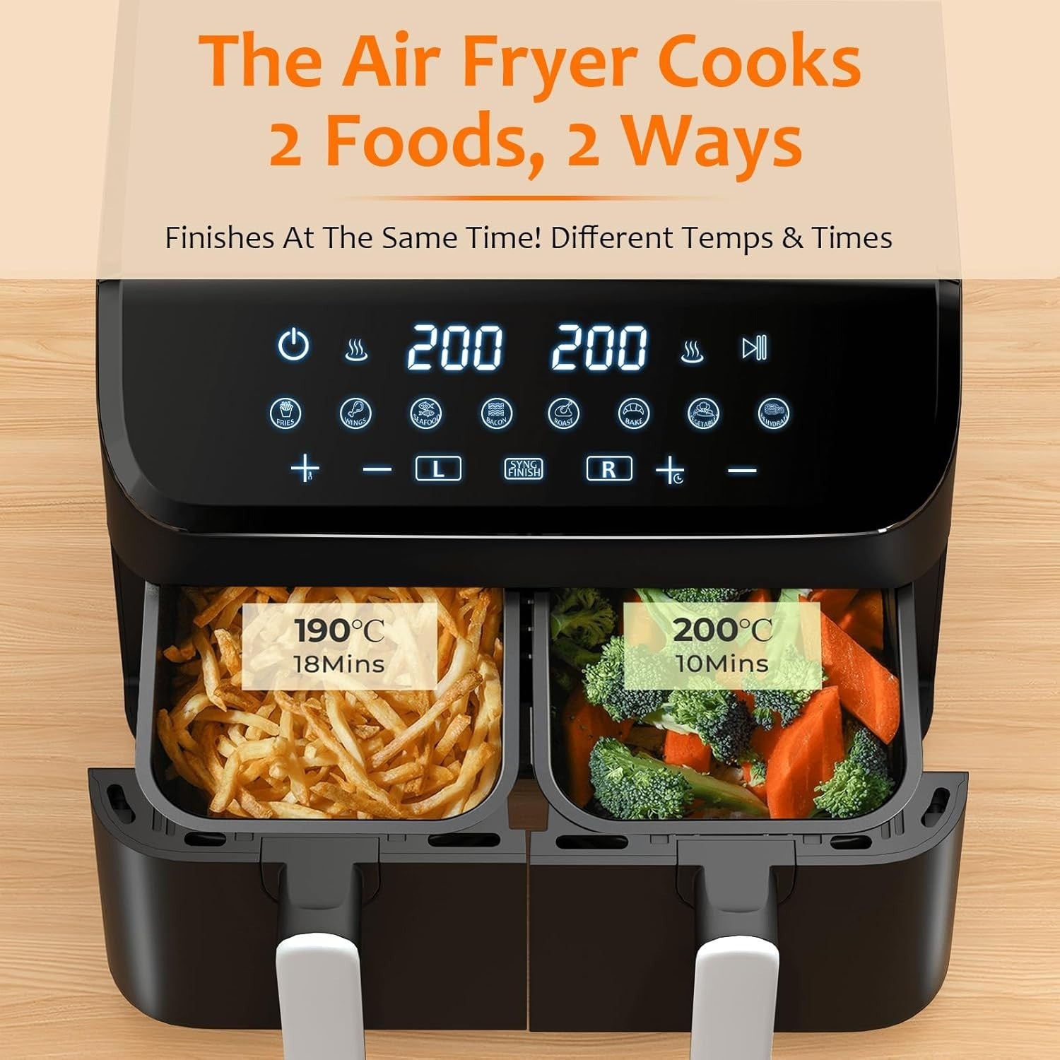 9L Dual Air Fryer 2x4.5L Sync Finish 8 Presets Touch 720° Air Oil Free
