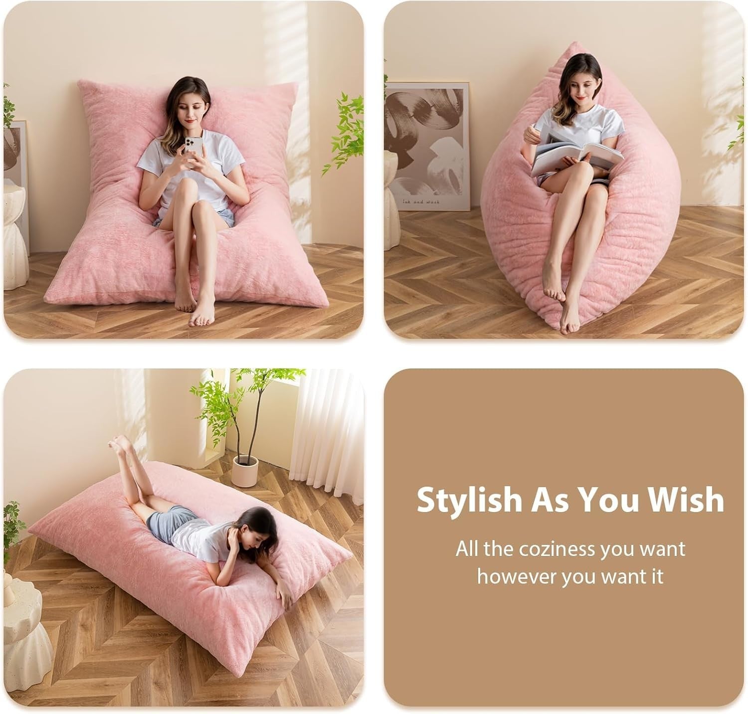 Pink Bean Bag Sofa Bed 135x190cm | Foldable Faux Fur Floor Lounger Chair