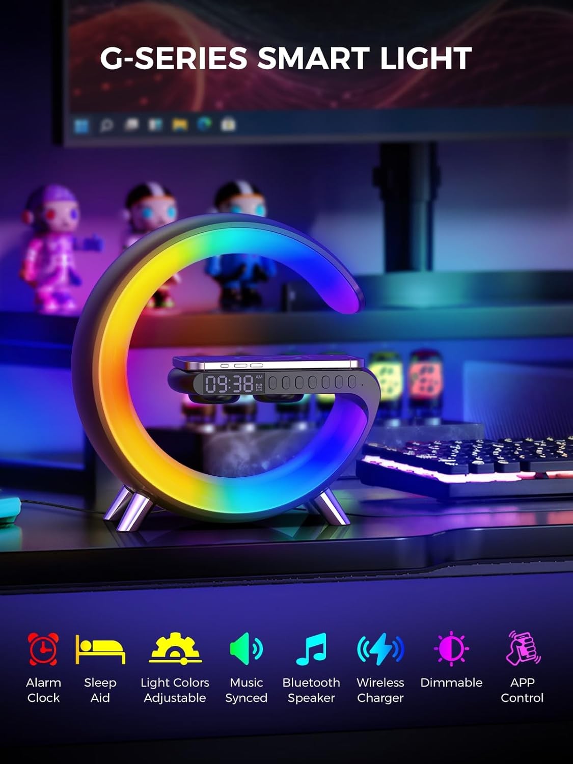 Black RGB G-Shape Sunrise Wake Up Light Alarm Bluetooth Speaker Wireless Charger