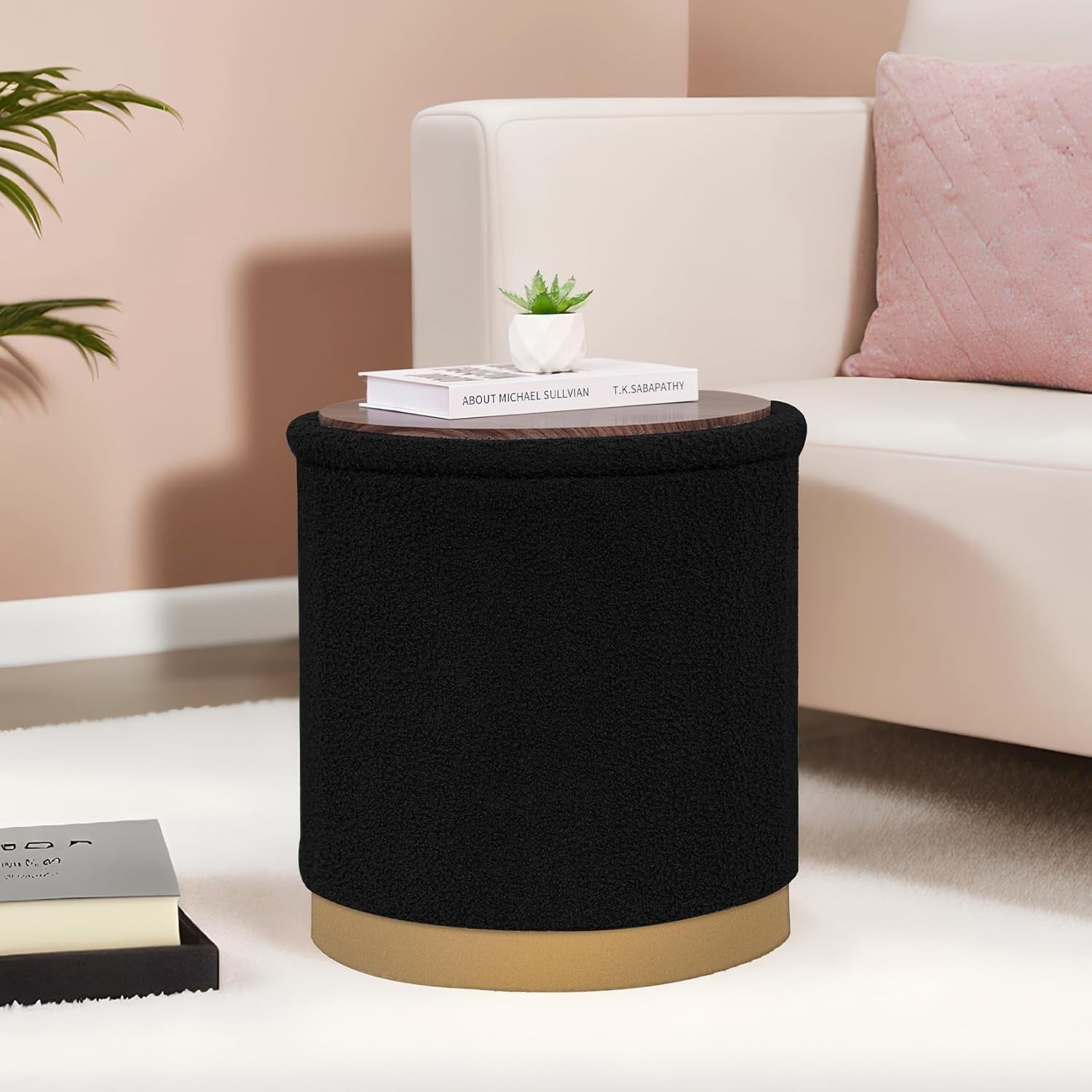 Black Boucle Round Storage Ottoman Large Foldable Footrest with Tray Lid