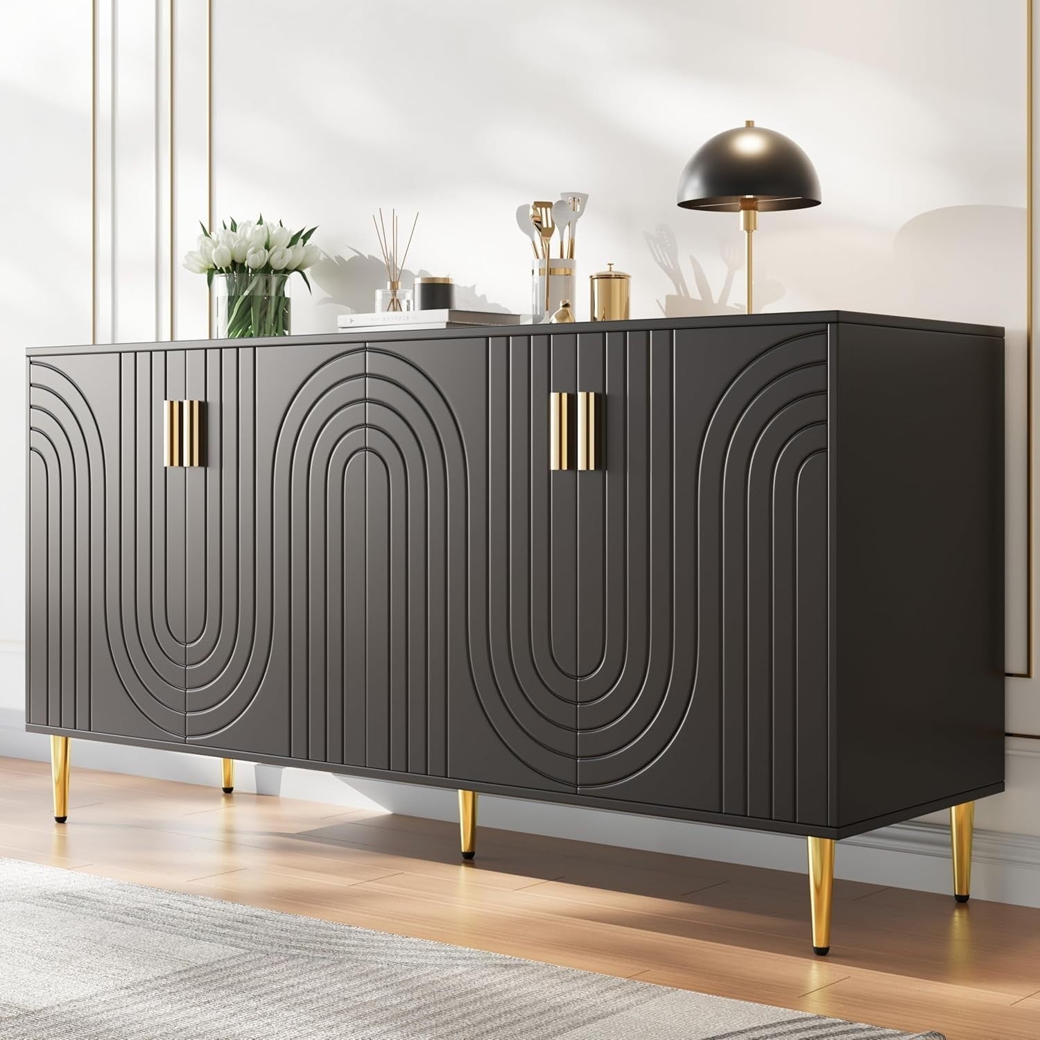 Black Sideboard Cabinet 4 Doors Gold Handles Modern Wave Storage Unit