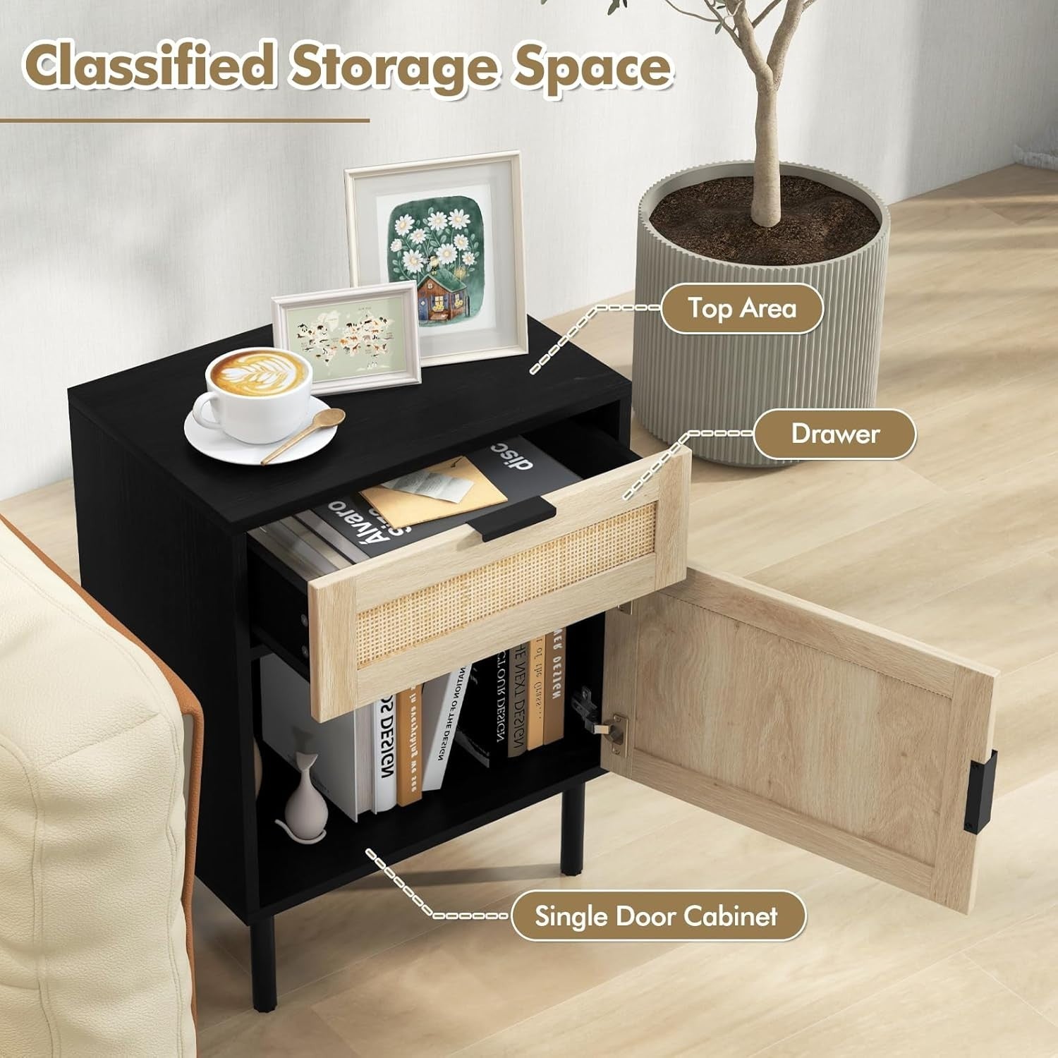 Set of 2 Black Rattan Bedside Tables with Drawer & Cabinet Modern Nightstands
