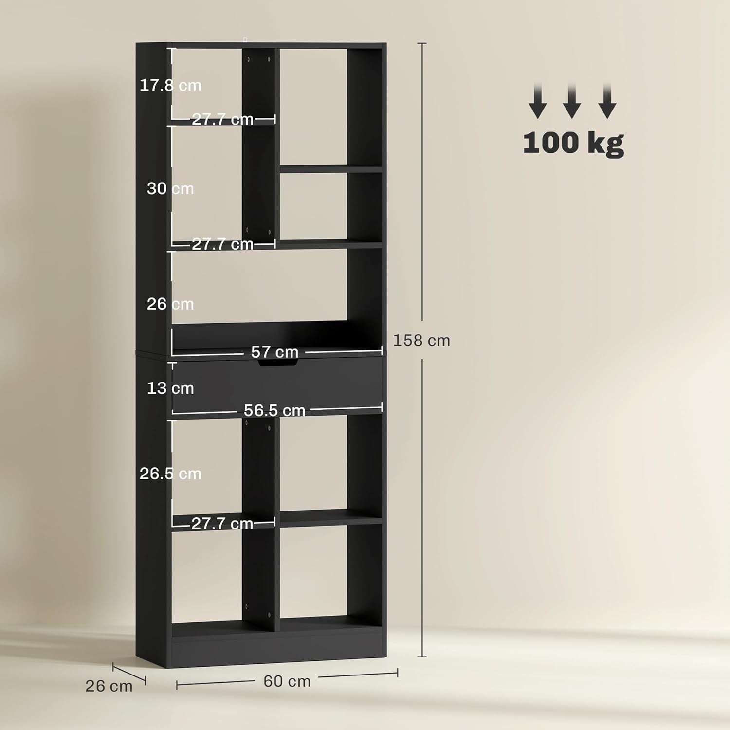 Tall Black Bookcase with Drawer & Open Shelves – Modern Freestanding Storage