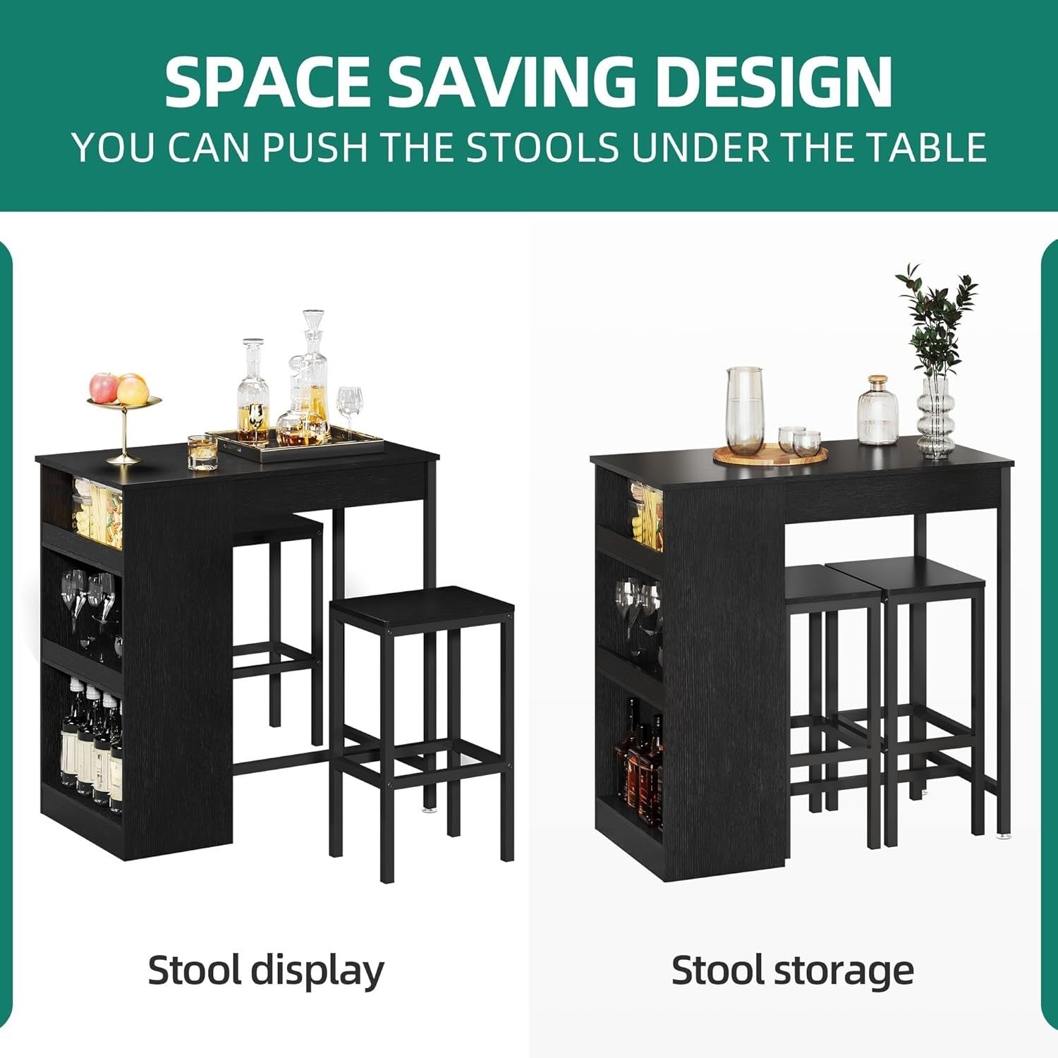 Breakfast Bar Table with Storage & Bar Stools Set, Industrial Black Compact