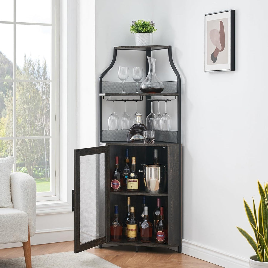 Tall Corner Bar Cabinet with Wine Rack & Glass Holder, 5-Tier Liquor Storage