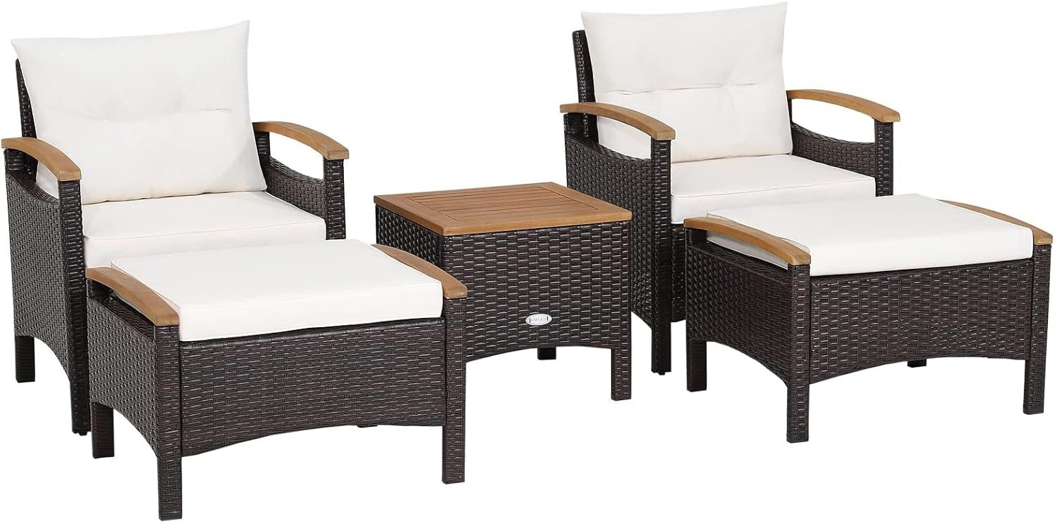 5PC Rattan Patio Furniture Set w/ Chairs Ottomans Table Cushions Garden
