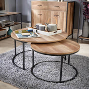 Round Nesting Coffee Tables Set of 2 – Black Metal Frame, Oak Effect, Space