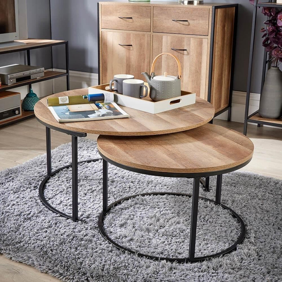 Round Nesting Coffee Tables Set of 2 – Black Metal Frame, Oak Effect, Space