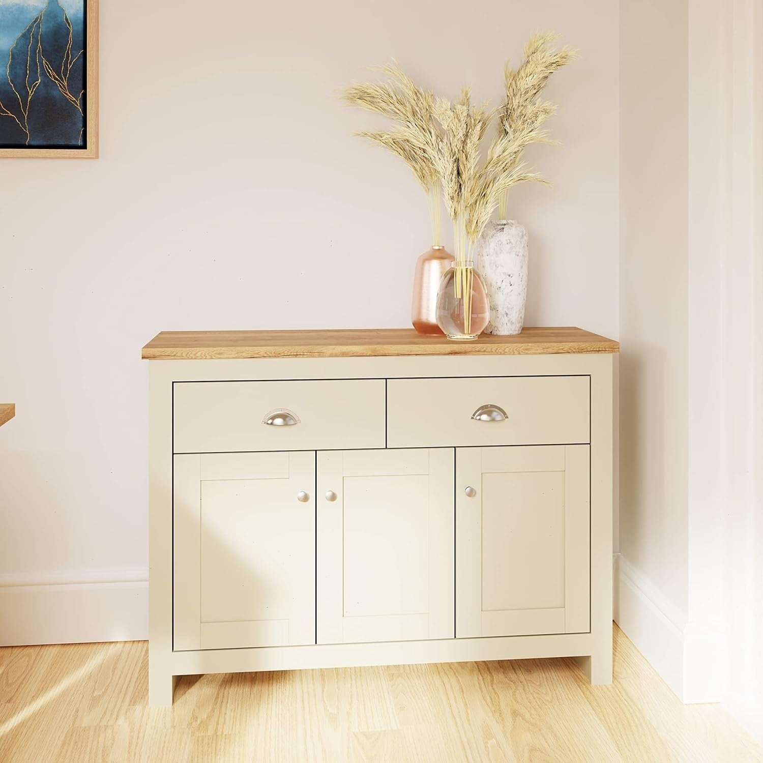 Cream Oak Sideboard 3 Doors 2 Drawers Buffet Storage Cabinet Durable Wood