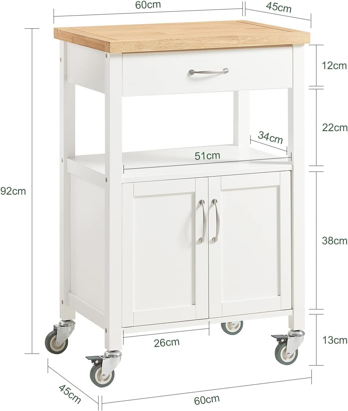 Kitchen Trolley Cart with Rubber Wood Top Storage Cabinet