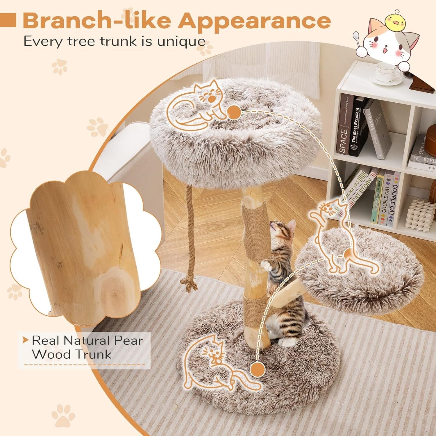 Solid Wood Cat Tree Grey Plush 90cm Multi Level Scratching Post Indoor