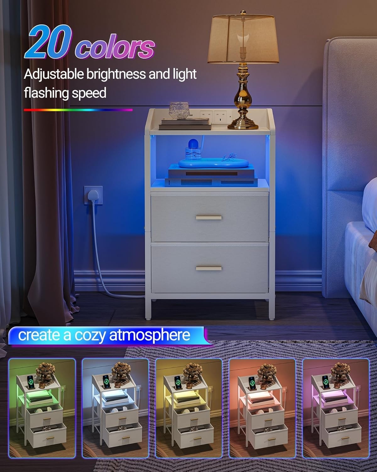 White Bedside Table with USB Type-C Charging Ports & 2 Drawers