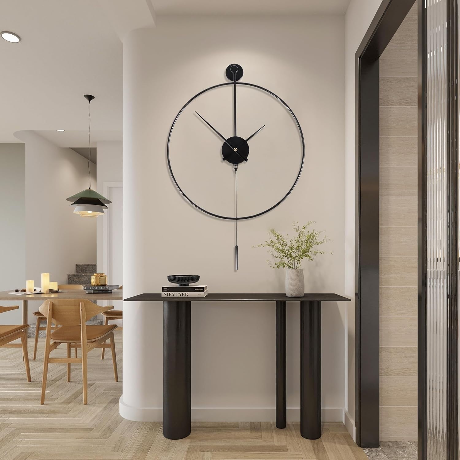 Silent Large 24” Metal Wall Clock with Pendulum - Modern Decor, Non-Ticking